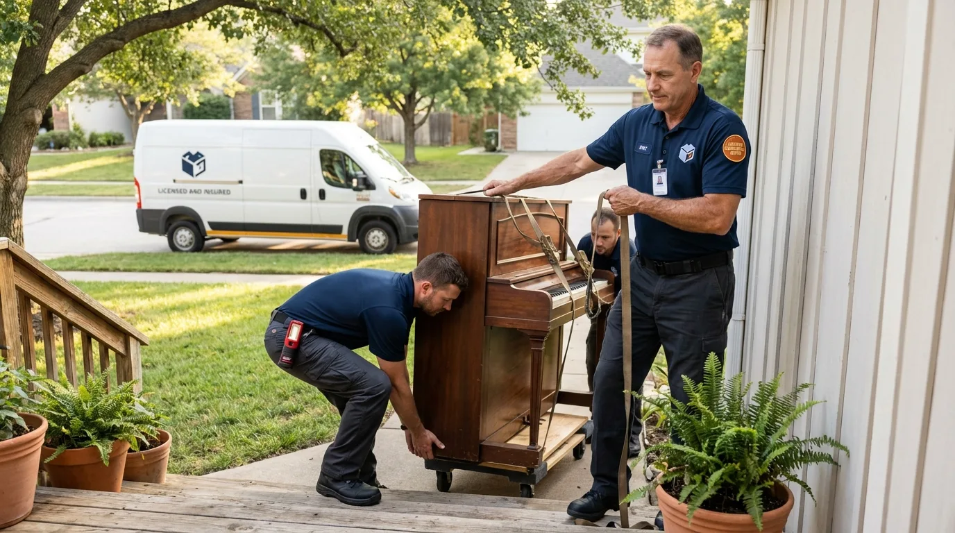 Licensed piano movers securing grand piano in Towanda, KS