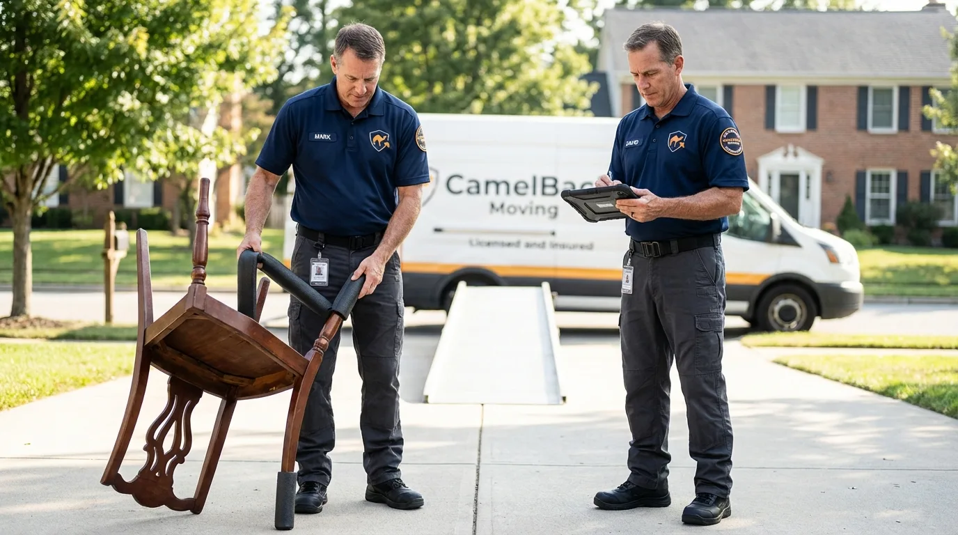 Movers inspecting furniture for damage prevention before loading in Towanda, KS
